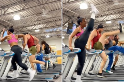 Woman and Three ‘Gym Bros’ Perform a Coordinated Dance on Treadmills